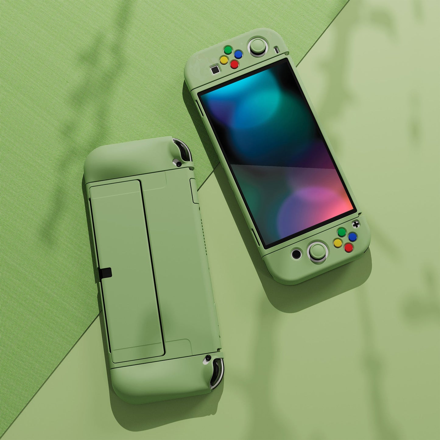 PlayVital ZealProtect Soft Protective Case for Switch OLED, Flexible Protector Joycon Grip Cover for Switch OLED with Thumb Grip Caps & ABXY Direction Button Caps - Matcha Green - XSOYM5006 playvital