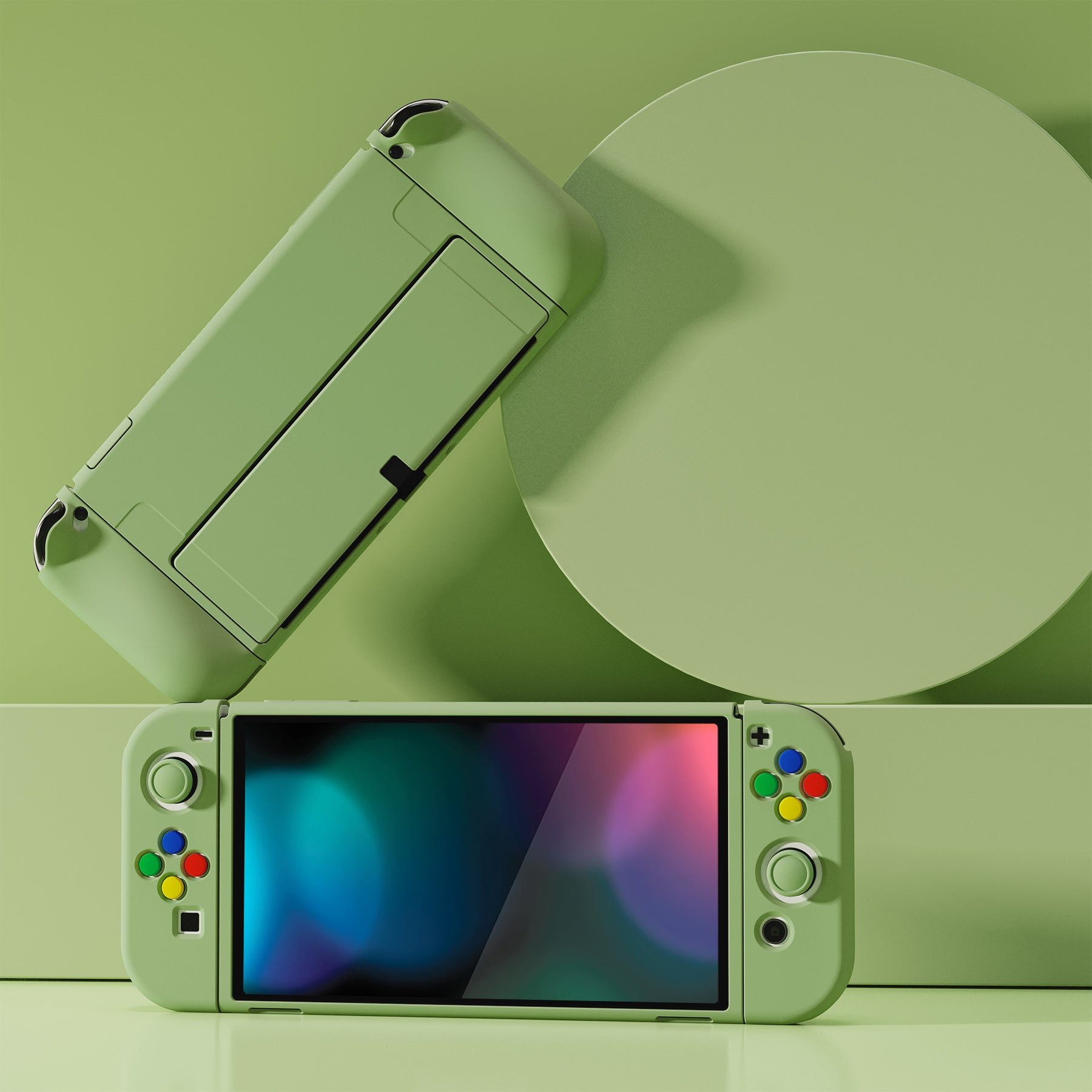 PlayVital ZealProtect Soft Protective Case for Switch OLED, Flexible Protector Joycon Grip Cover for Switch OLED with Thumb Grip Caps & ABXY Direction Button Caps - Matcha Green - XSOYM5006 playvital