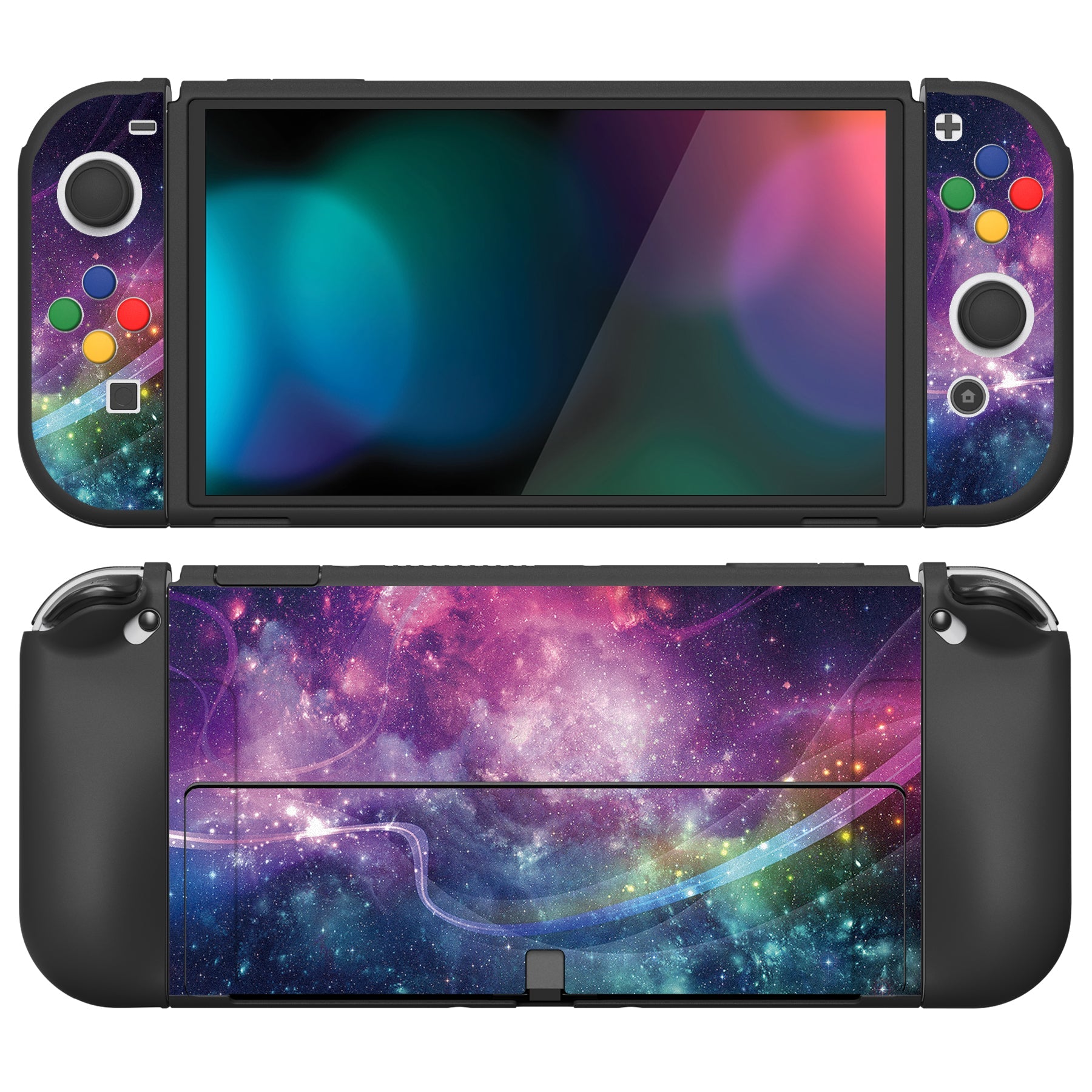 PlayVital ZealProtect Soft Protective Case for Switch OLED, Flexible Protector Joycon Grip Cover for Switch OLED with Thumb Grip Caps & ABXY Direction Button Caps - Purple Galaxy - XSOYV6001 playvital