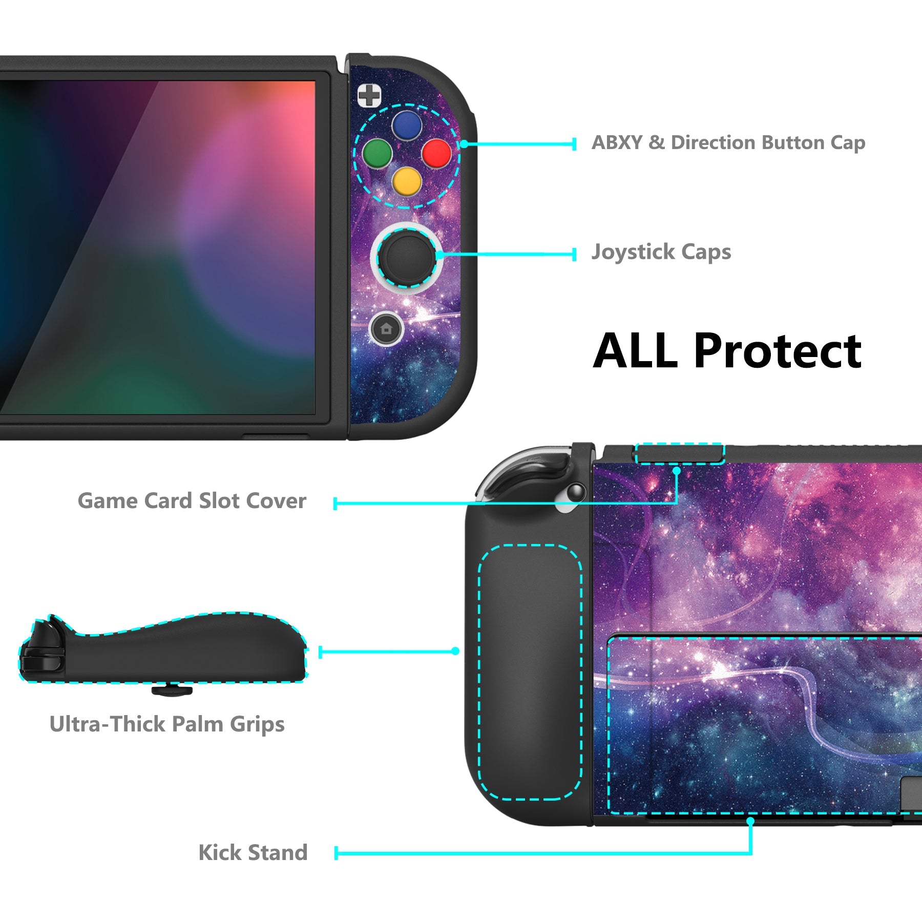 PlayVital ZealProtect Soft Protective Case for Switch OLED, Flexible Protector Joycon Grip Cover for Switch OLED with Thumb Grip Caps & ABXY Direction Button Caps - Purple Galaxy - XSOYV6001 playvital