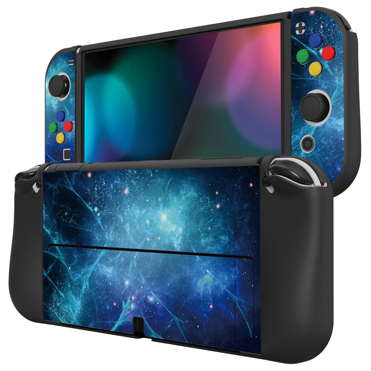 PlayVital ZealProtect Soft Protective Case for Switch OLED, Flexible Protector Joycon Grip Cover for Switch OLED with Thumb Grip Caps & ABXY Direction Button Caps - Blue Nebula - XSOYV6002 playvital