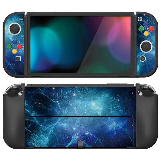 PlayVital ZealProtect Soft Protective Case for Switch OLED, Flexible Protector Joycon Grip Cover for Switch OLED with Thumb Grip Caps & ABXY Direction Button Caps - Blue Nebula - XSOYV6002 playvital