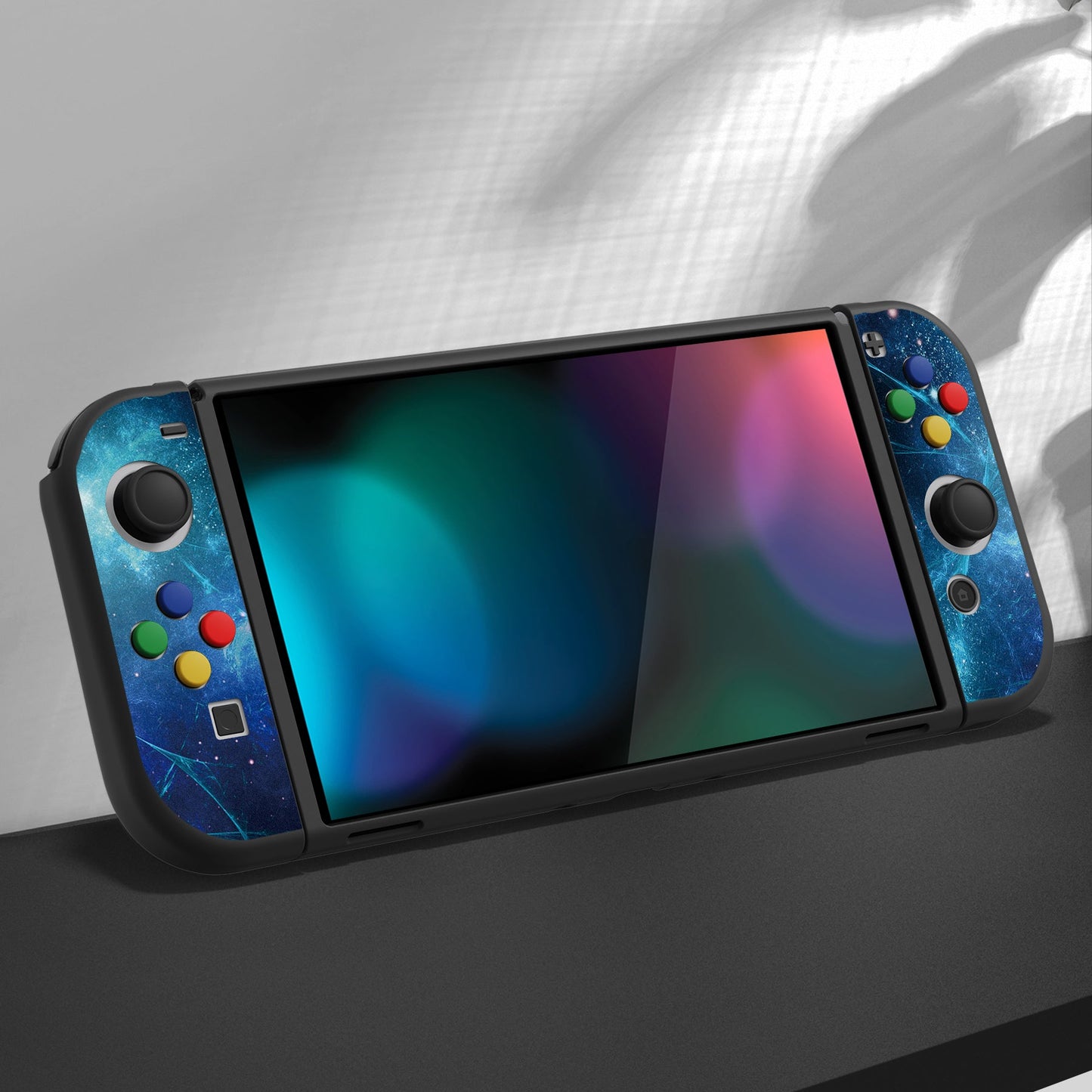 PlayVital ZealProtect Soft Protective Case for Switch OLED, Flexible Protector Joycon Grip Cover for Switch OLED with Thumb Grip Caps & ABXY Direction Button Caps - Blue Nebula - XSOYV6002 playvital