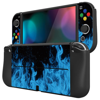 PlayVital ZealProtect Soft Protective Case for Switch OLED, Flexible Protector Joycon Grip Cover for Switch OLED with Thumb Grip Caps & ABXY Direction Button Caps - Blue Flame - XSOYV6003 playvital