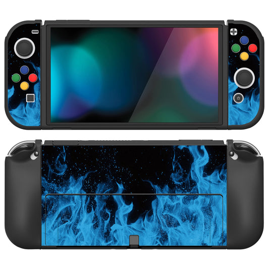 PlayVital ZealProtect Soft Protective Case for Switch OLED, Flexible Protector Joycon Grip Cover for Switch OLED with Thumb Grip Caps & ABXY Direction Button Caps - Blue Flame - XSOYV6003 playvital