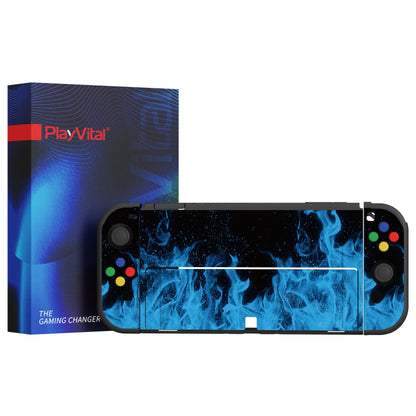 PlayVital ZealProtect Soft Protective Case for Switch OLED, Flexible Protector Joycon Grip Cover for Switch OLED with Thumb Grip Caps & ABXY Direction Button Caps - Blue Flame - XSOYV6003 playvital