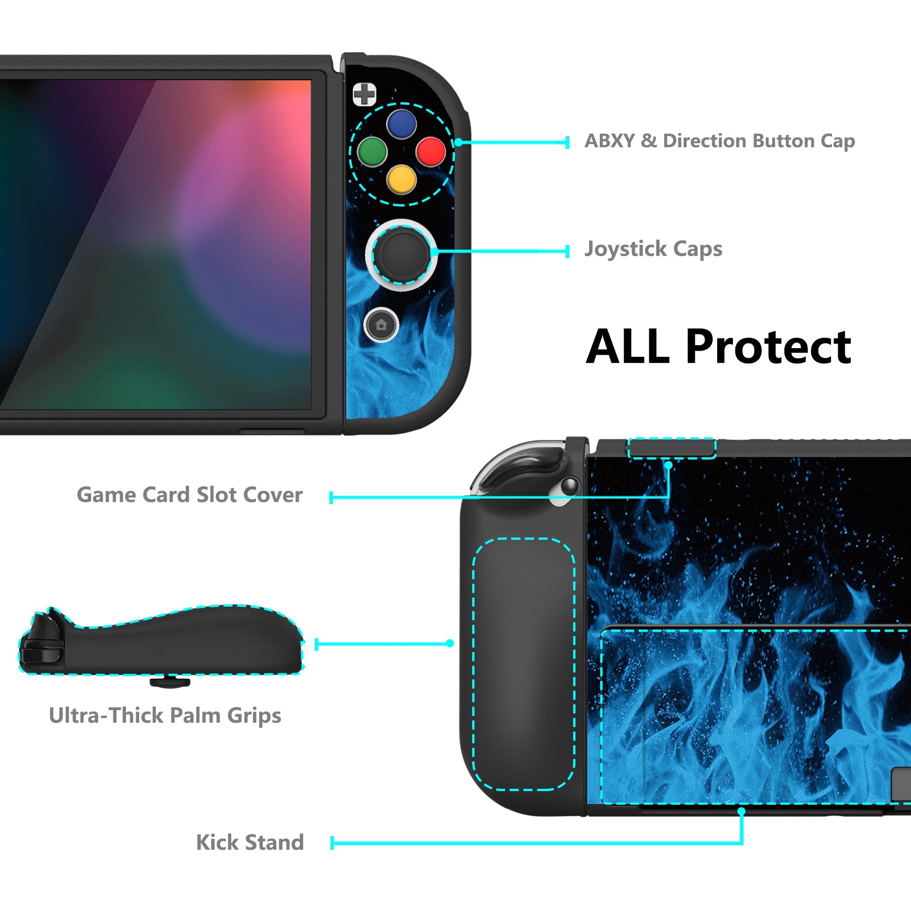 PlayVital ZealProtect Soft Protective Case for Switch OLED, Flexible Protector Joycon Grip Cover for Switch OLED with Thumb Grip Caps & ABXY Direction Button Caps - Blue Flame - XSOYV6003 playvital