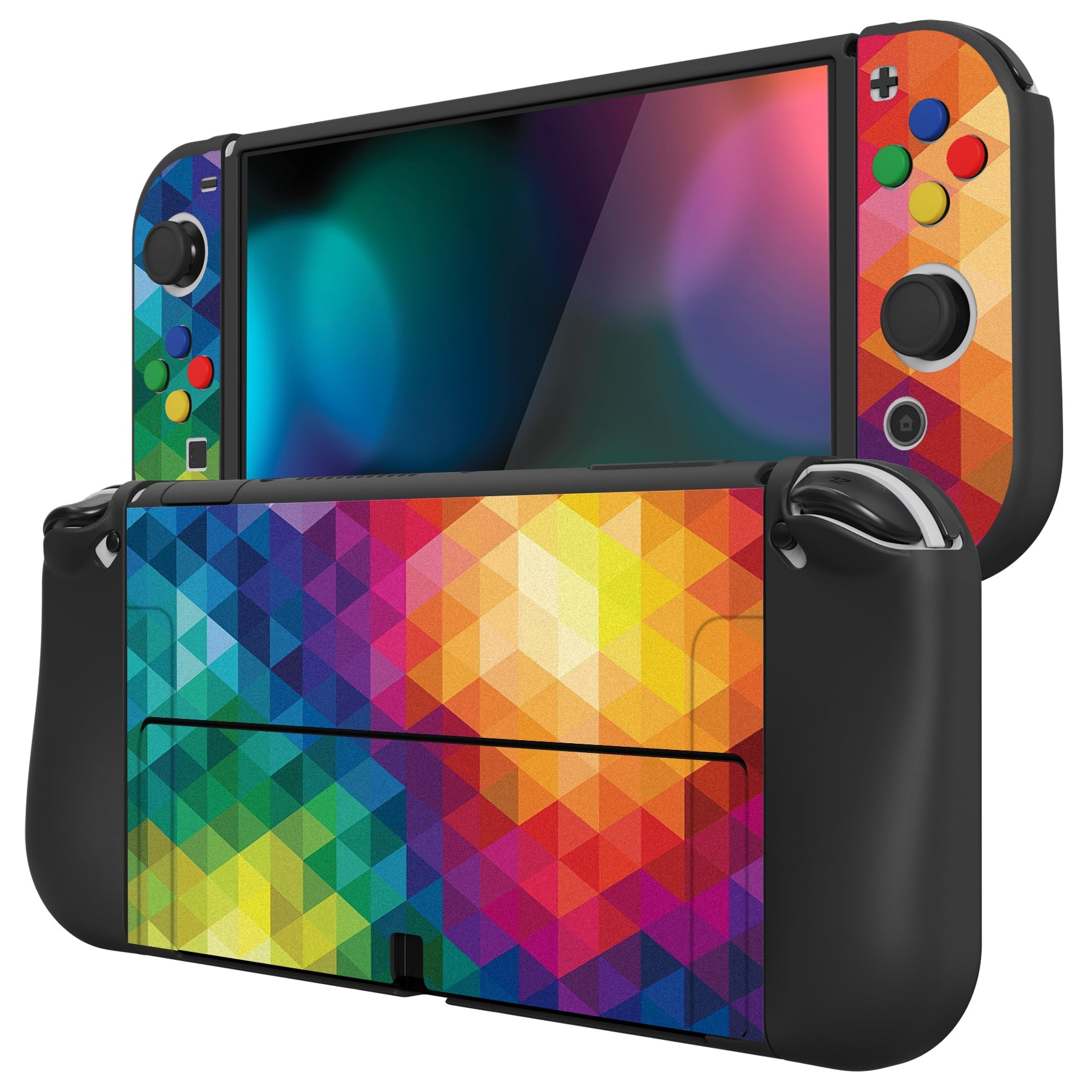 PlayVital ZealProtect Soft Protective Case for Switch OLED, Flexible Protector Joycon Grip Cover for Switch OLED with Thumb Grip Caps & ABXY Direction Button Caps - Colorful Triangle - XSOYV6005 playvital