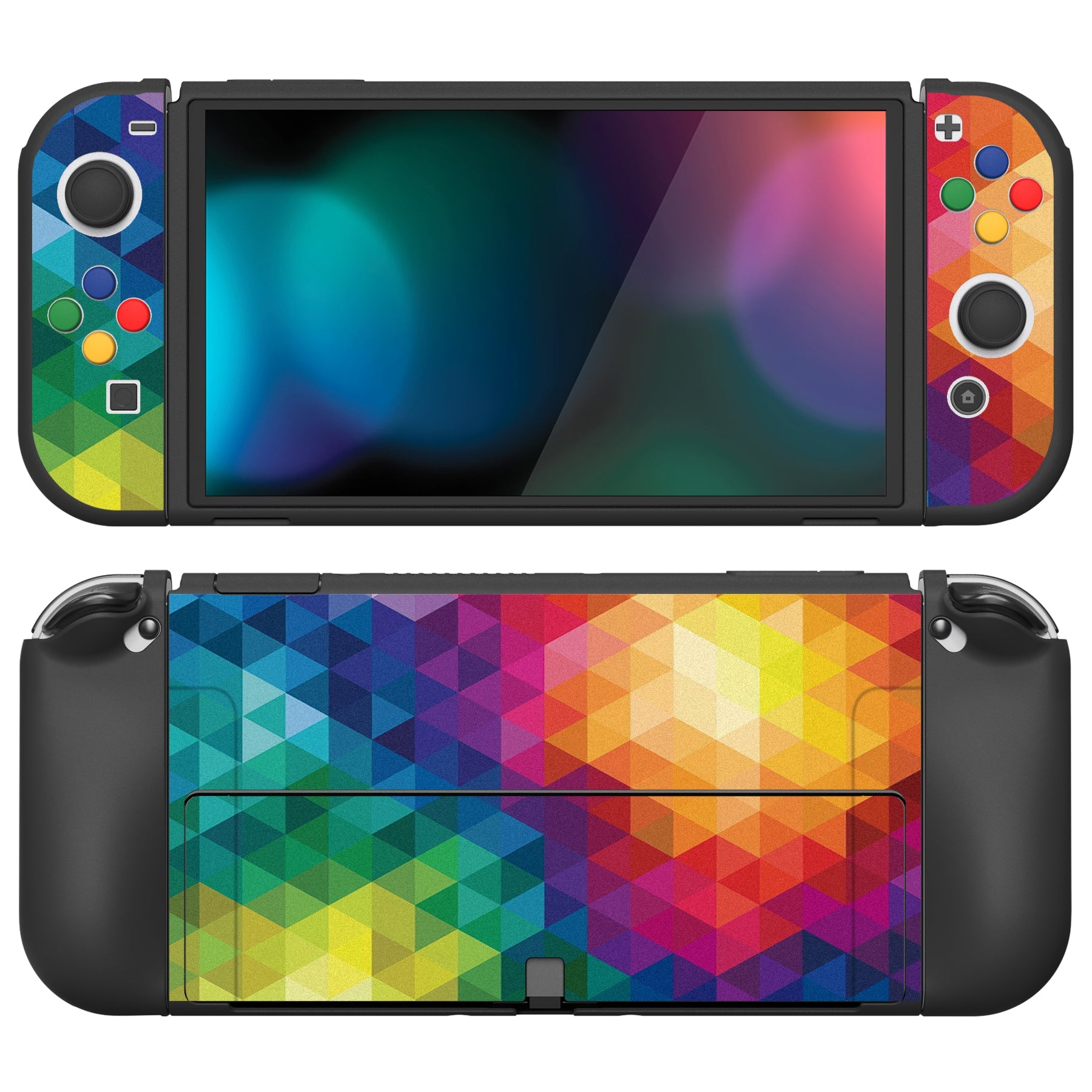 PlayVital ZealProtect Soft Protective Case for Switch OLED, Flexible Protector Joycon Grip Cover for Switch OLED with Thumb Grip Caps & ABXY Direction Button Caps - Colorful Triangle - XSOYV6005 playvital