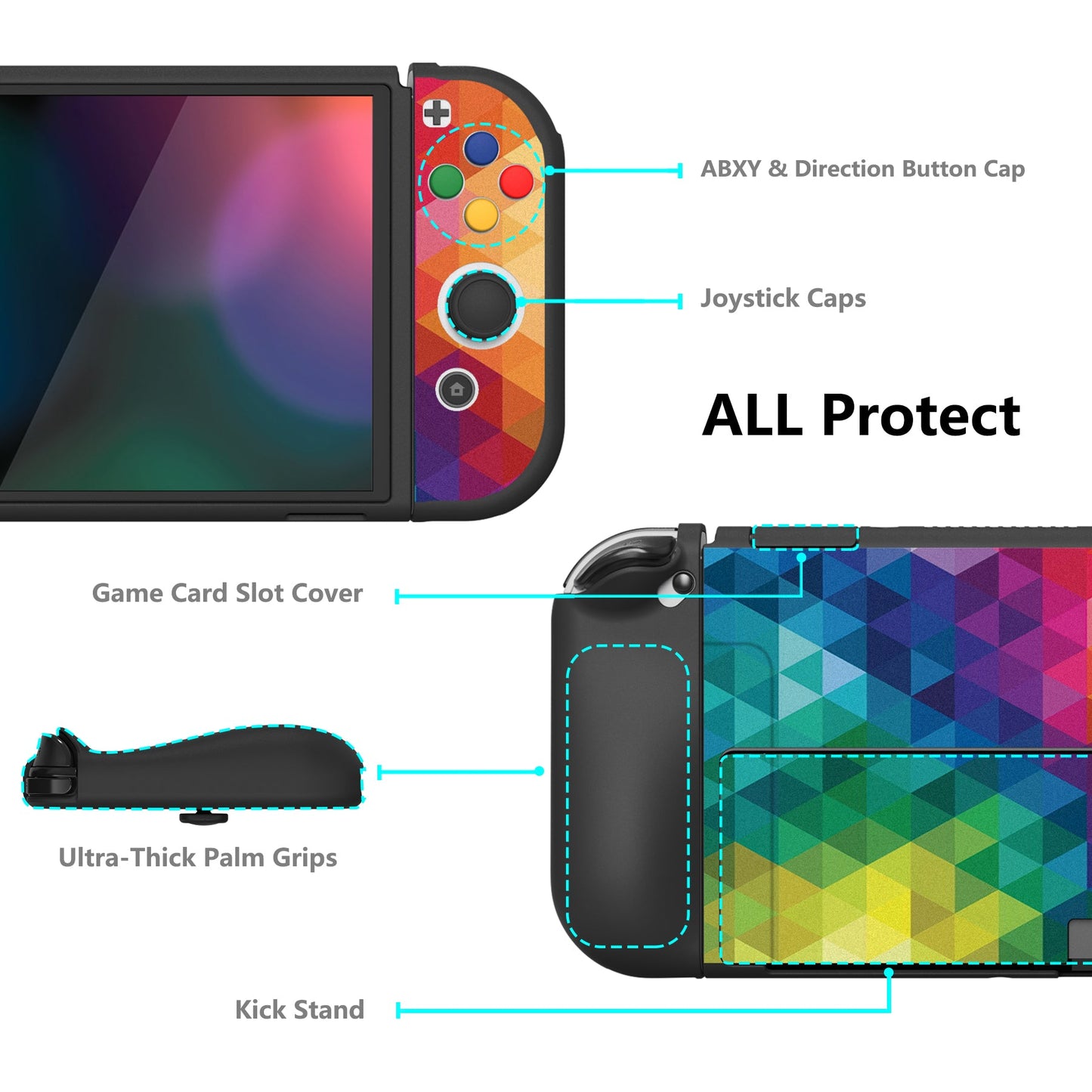 PlayVital ZealProtect Soft Protective Case for Switch OLED, Flexible Protector Joycon Grip Cover for Switch OLED with Thumb Grip Caps & ABXY Direction Button Caps - Colorful Triangle - XSOYV6005 playvital