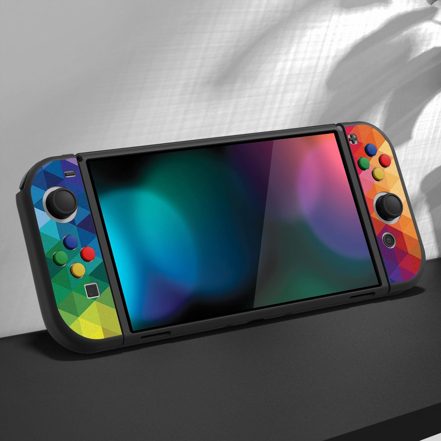 PlayVital ZealProtect Soft Protective Case for Switch OLED, Flexible Protector Joycon Grip Cover for Switch OLED with Thumb Grip Caps & ABXY Direction Button Caps - Colorful Triangle - XSOYV6005 playvital