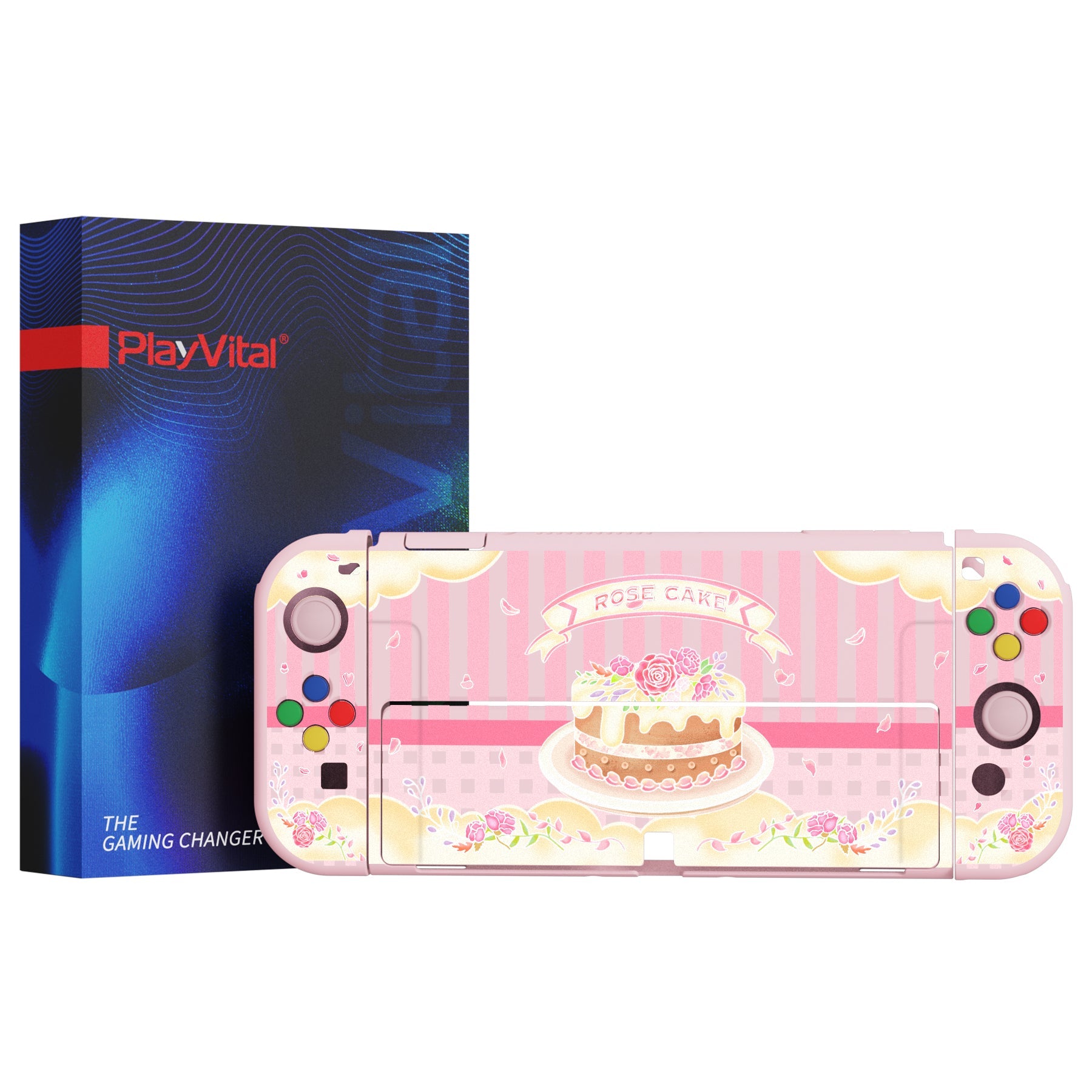 PlayVital ZealProtect Soft Protective Case for Switch OLED, Flexible Protector Joycon Grip Cover for Switch OLED with Thumb Grip Caps & ABXY Direction Button Caps - Rose Cake - XSOYV6006 playvital