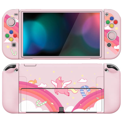 PlayVital ZealProtect Soft Protective Case for Switch OLED, Flexible Protector Joycon Grip Cover for Switch OLED with Thumb Grip Caps & ABXY Direction Button Caps - Candy Rainbow Unicorn - XSOYV6007 playvital