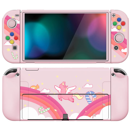 PlayVital ZealProtect Soft Protective Case for Switch OLED, Flexible Protector Joycon Grip Cover for Switch OLED with Thumb Grip Caps & ABXY Direction Button Caps - Candy Rainbow Unicorn - XSOYV6007 playvital