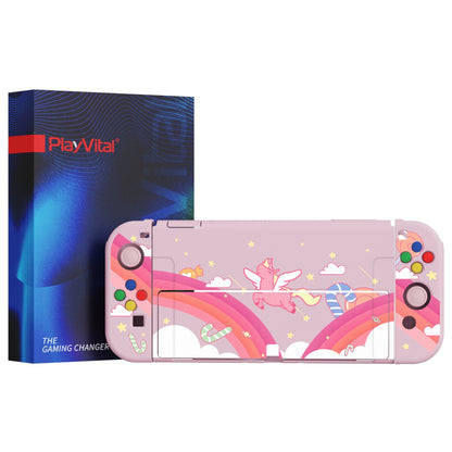 PlayVital ZealProtect Soft Protective Case for Switch OLED, Flexible Protector Joycon Grip Cover for Switch OLED with Thumb Grip Caps & ABXY Direction Button Caps - Candy Rainbow Unicorn - XSOYV6007 playvital