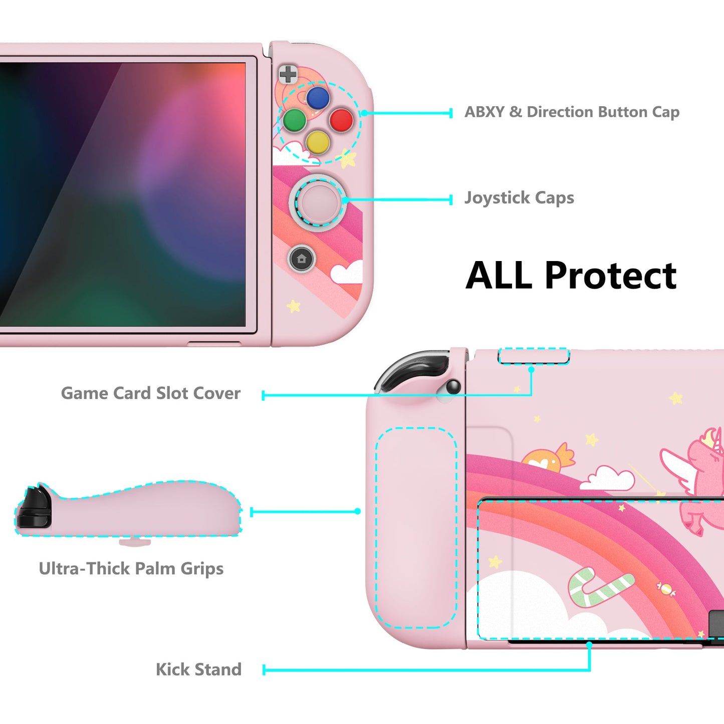 PlayVital ZealProtect Soft Protective Case for Switch OLED, Flexible Protector Joycon Grip Cover for Switch OLED with Thumb Grip Caps & ABXY Direction Button Caps - Candy Rainbow Unicorn - XSOYV6007 playvital