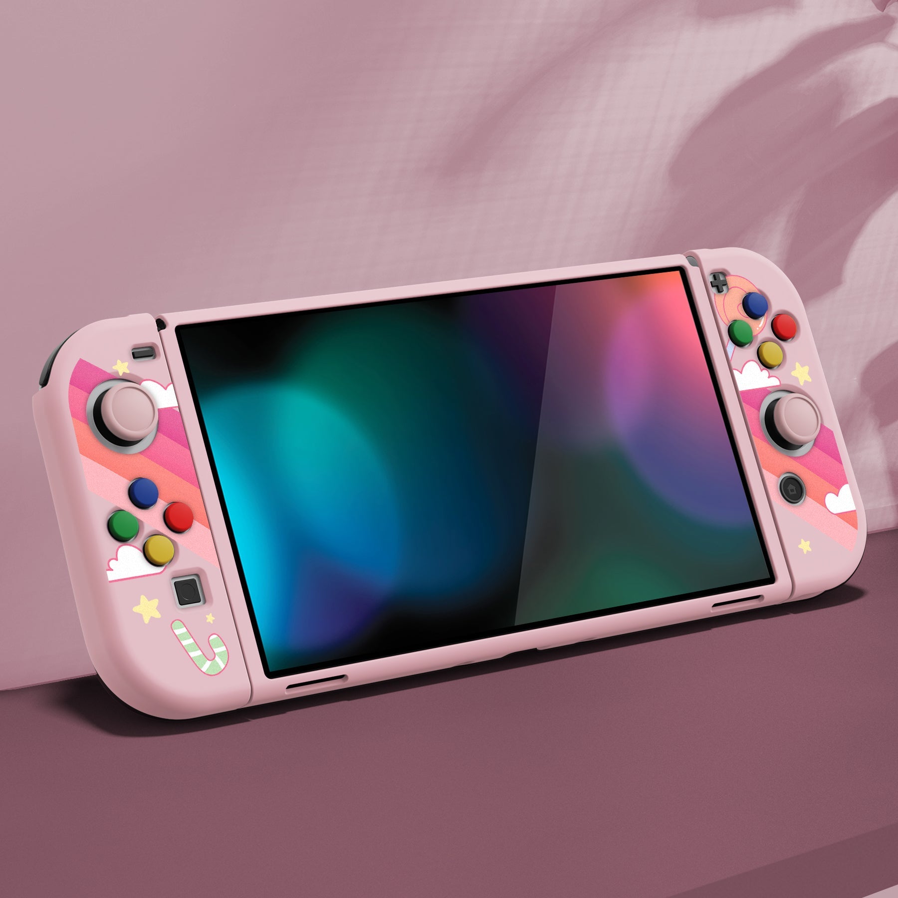 PlayVital ZealProtect Soft Protective Case for Switch OLED, Flexible Protector Joycon Grip Cover for Switch OLED with Thumb Grip Caps & ABXY Direction Button Caps - Candy Rainbow Unicorn - XSOYV6007 playvital