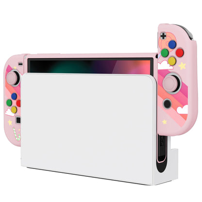 PlayVital ZealProtect Soft Protective Case for Switch OLED, Flexible Protector Joycon Grip Cover for Switch OLED with Thumb Grip Caps & ABXY Direction Button Caps - Candy Rainbow Unicorn - XSOYV6007 playvital