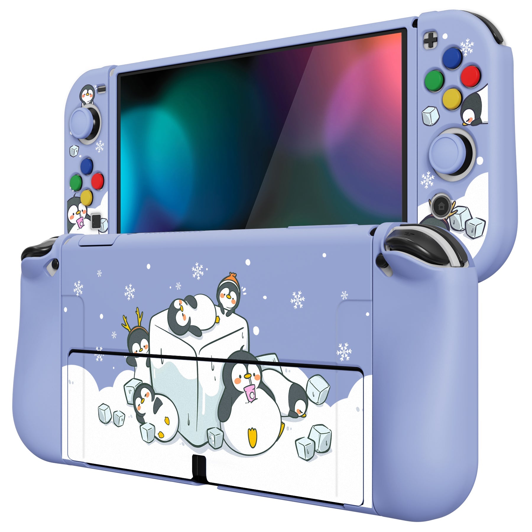 PlayVital ZealProtect Soft Protective Case for Switch OLED, Flexible Protector Joycon Grip Cover for Switch OLED with Thumb Grip Caps & ABXY Direction Button Caps - ICY Cube Penguin - XSOYV6011 playvital