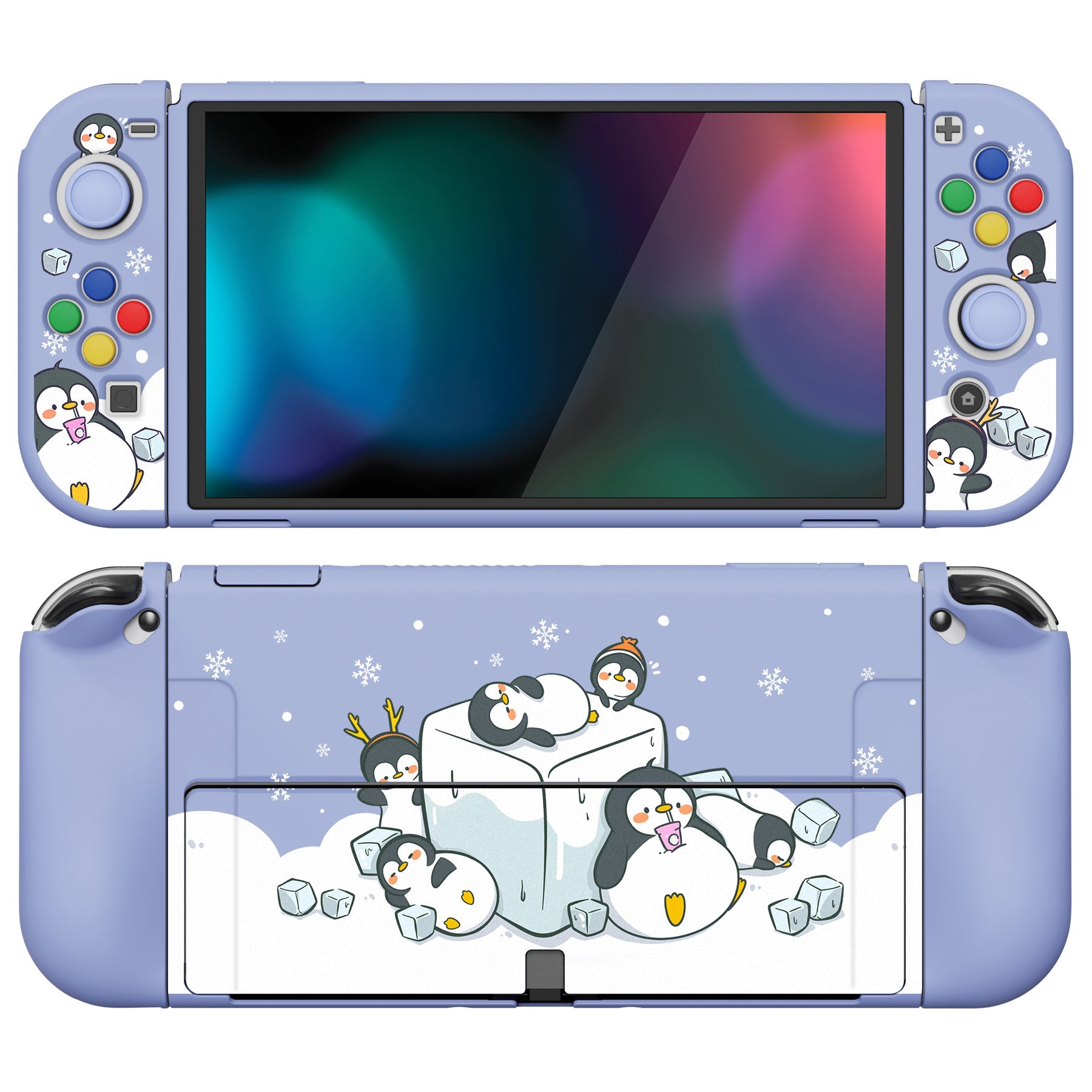 PlayVital ZealProtect Soft Protective Case for Switch OLED, Flexible Protector Joycon Grip Cover for Switch OLED with Thumb Grip Caps & ABXY Direction Button Caps - ICY Cube Penguin - XSOYV6011 playvital