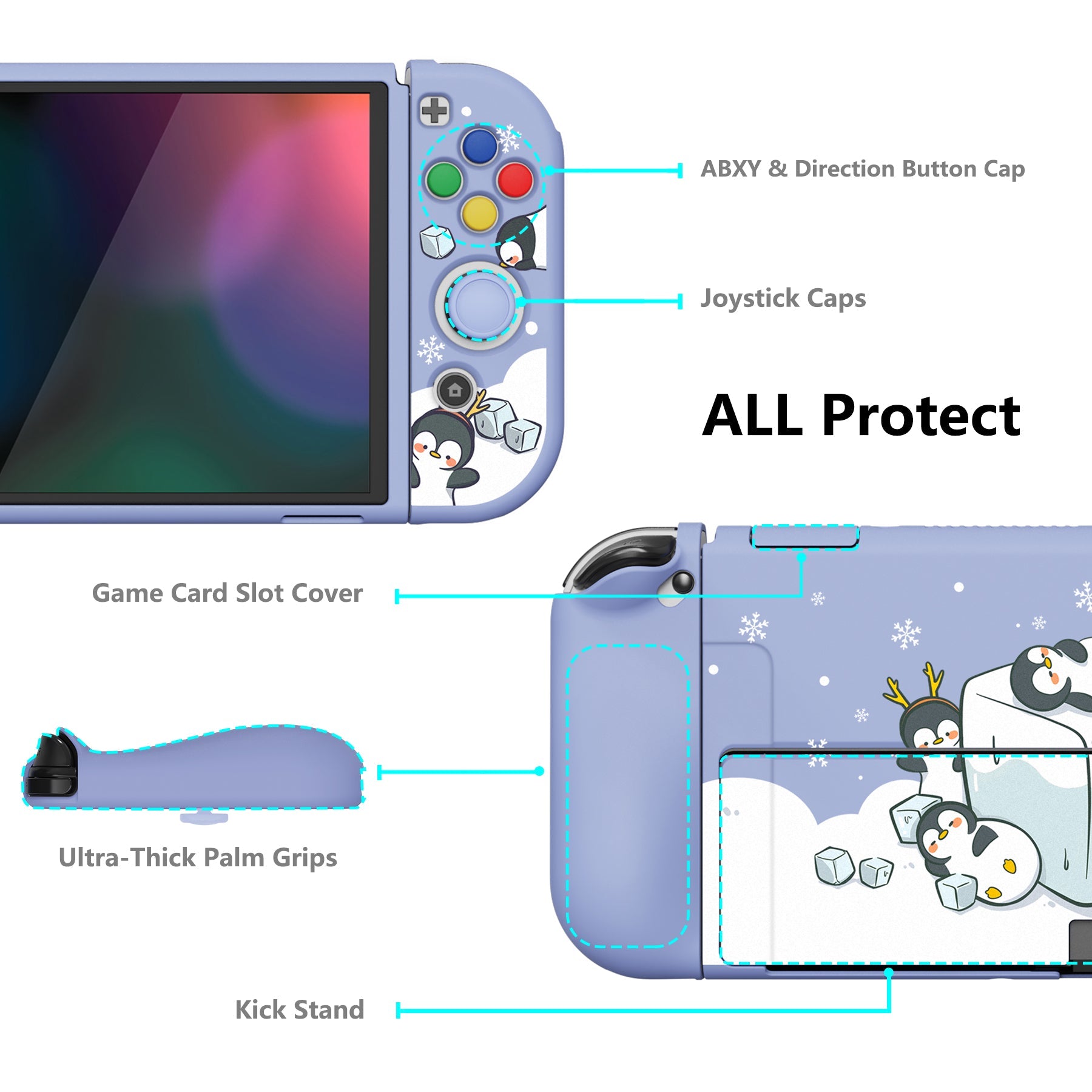 PlayVital ZealProtect Soft Protective Case for Switch OLED, Flexible Protector Joycon Grip Cover for Switch OLED with Thumb Grip Caps & ABXY Direction Button Caps - ICY Cube Penguin - XSOYV6011 playvital