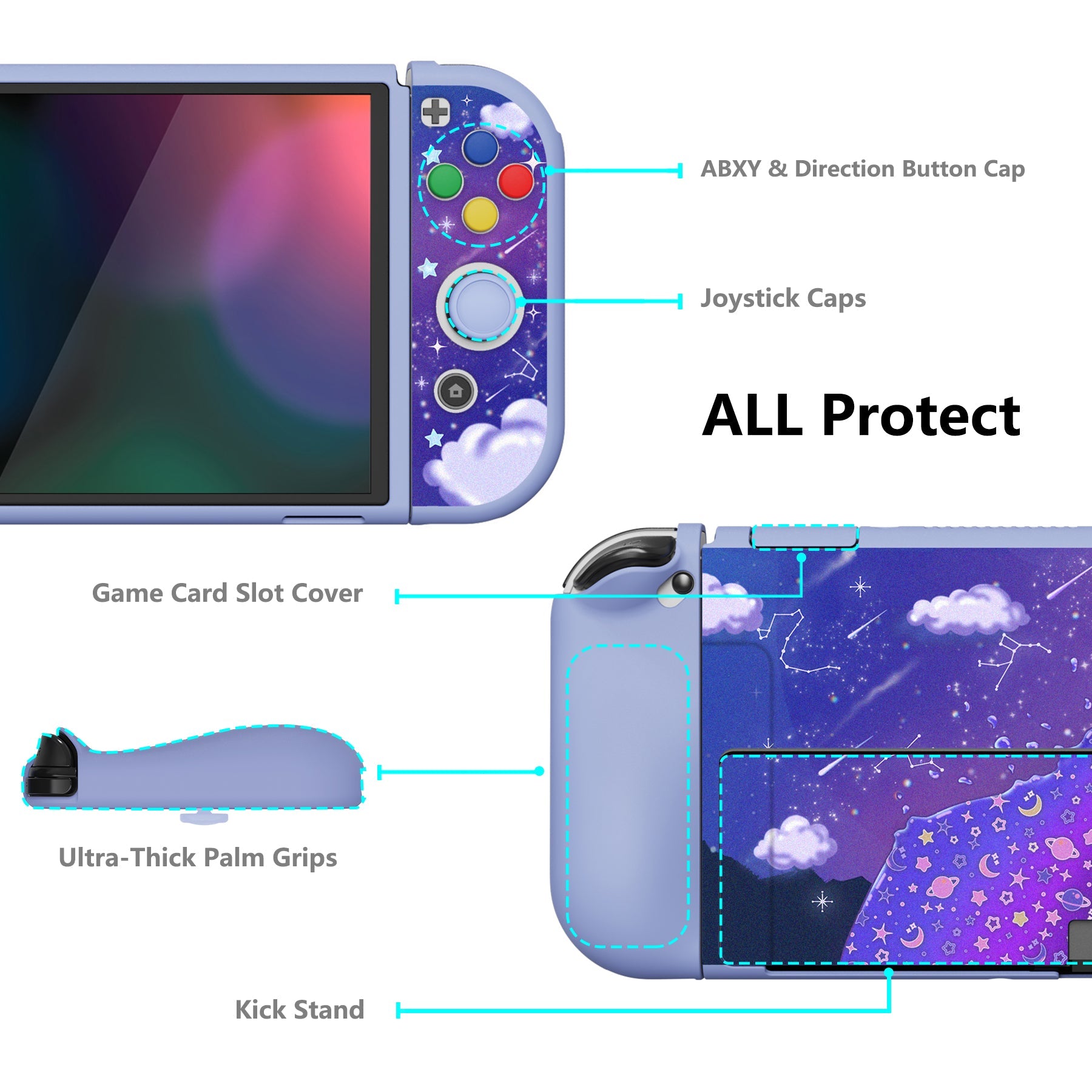 PlayVital ZealProtect Soft Protective Case for Switch OLED, Flexible Protector Joycon Grip Cover for Switch OLED with Thumb Grip Caps & ABXY Direction Button Caps - Pouring Starry - XSOYV6012 playvital