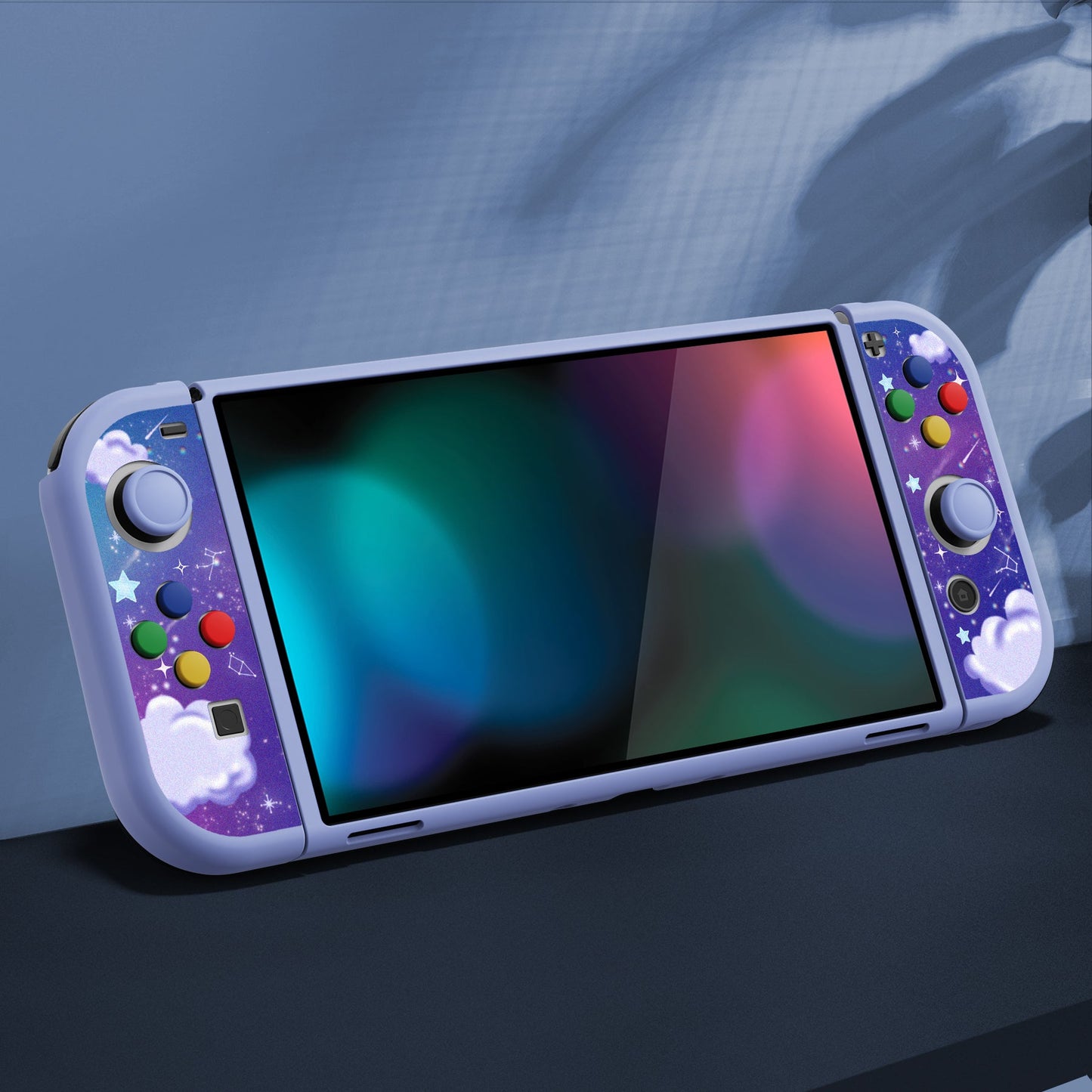 PlayVital ZealProtect Soft Protective Case for Switch OLED, Flexible Protector Joycon Grip Cover for Switch OLED with Thumb Grip Caps & ABXY Direction Button Caps - Pouring Starry - XSOYV6012 playvital