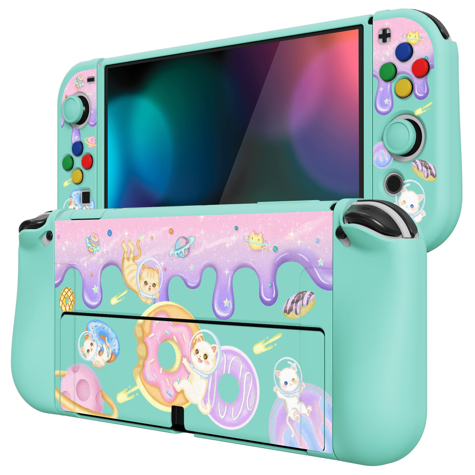 PlayVital ZealProtect Soft Protective Case for Switch OLED, Flexible Protector Joycon Grip Cover for Switch OLED with Thumb Grip Caps & ABXY Direction Button Caps - Donut Odyssey - XSOYV6013 playvital