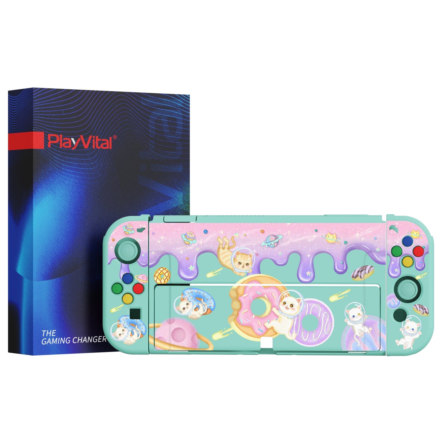 PlayVital ZealProtect Soft Protective Case for Switch OLED, Flexible Protector Joycon Grip Cover for Switch OLED with Thumb Grip Caps & ABXY Direction Button Caps - Donut Odyssey - XSOYV6013 playvital