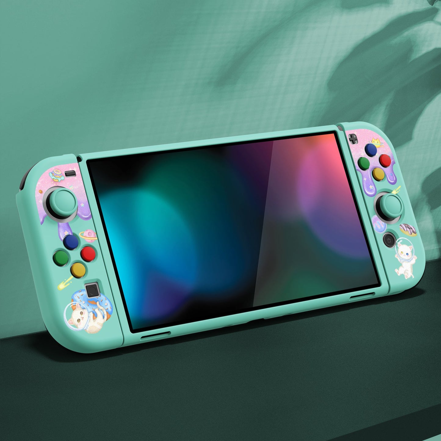 PlayVital ZealProtect Soft Protective Case for Switch OLED, Flexible Protector Joycon Grip Cover for Switch OLED with Thumb Grip Caps & ABXY Direction Button Caps - Donut Odyssey - XSOYV6013 playvital