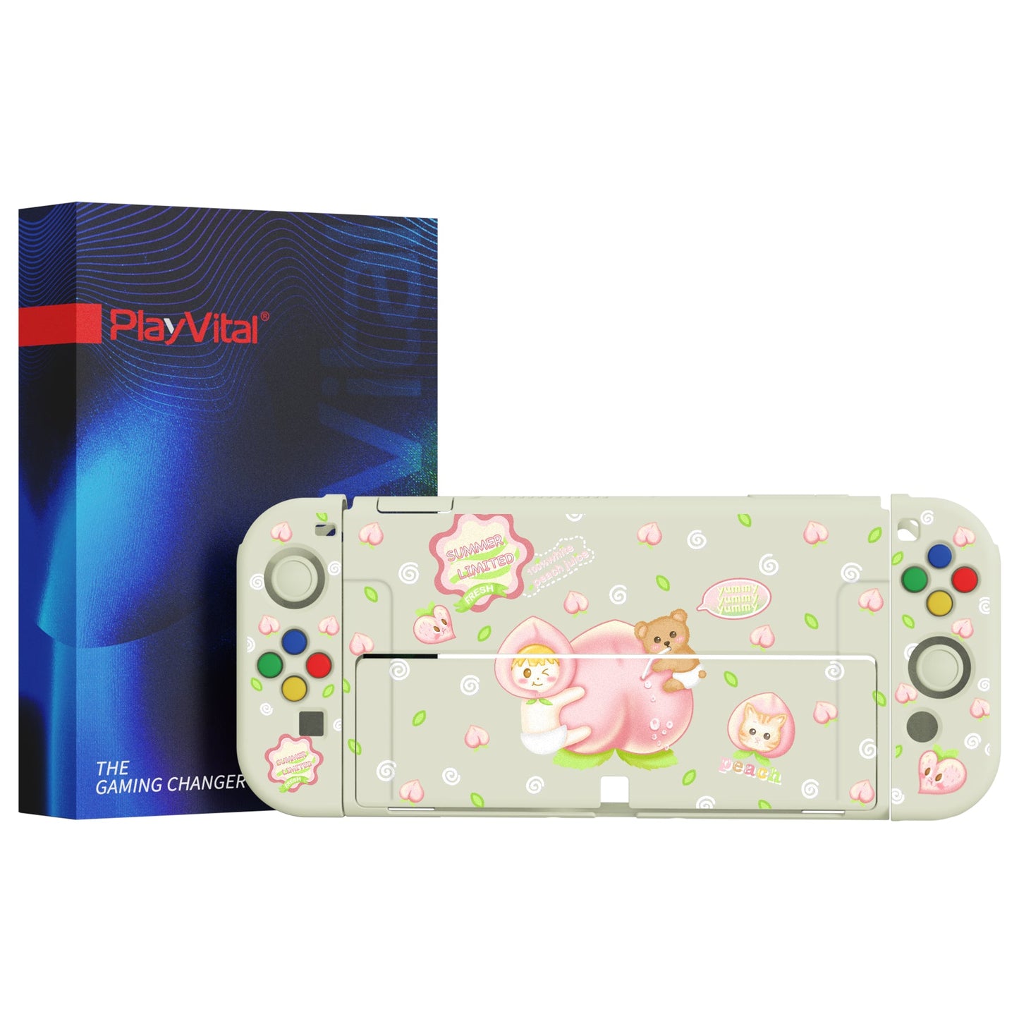 PlayVital ZealProtect Soft Protective Case for Switch OLED, Flexible Protector Joycon Grip Cover for Switch OLED with Thumb Grip Caps & ABXY Direction Button Caps -Summer Peaches - XSOYV6015 playvital