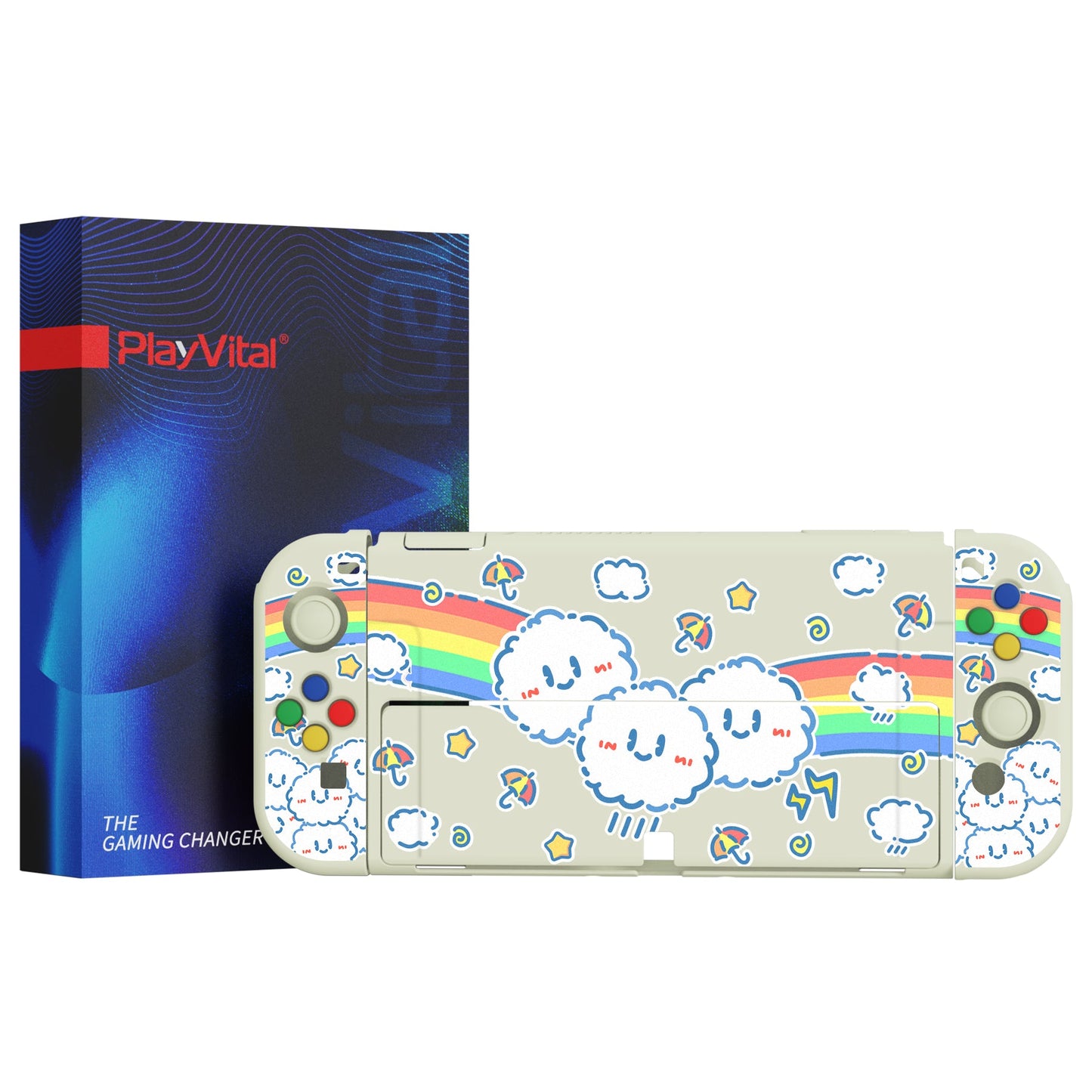 PlayVital ZealProtect Soft Protective Case for Switch OLED, Flexible Protector Joycon Grip Cover for Switch OLED with Thumb Grip Caps & ABXY Direction Button Caps - Rainbow on Cloud - XSOYV6016 playvital