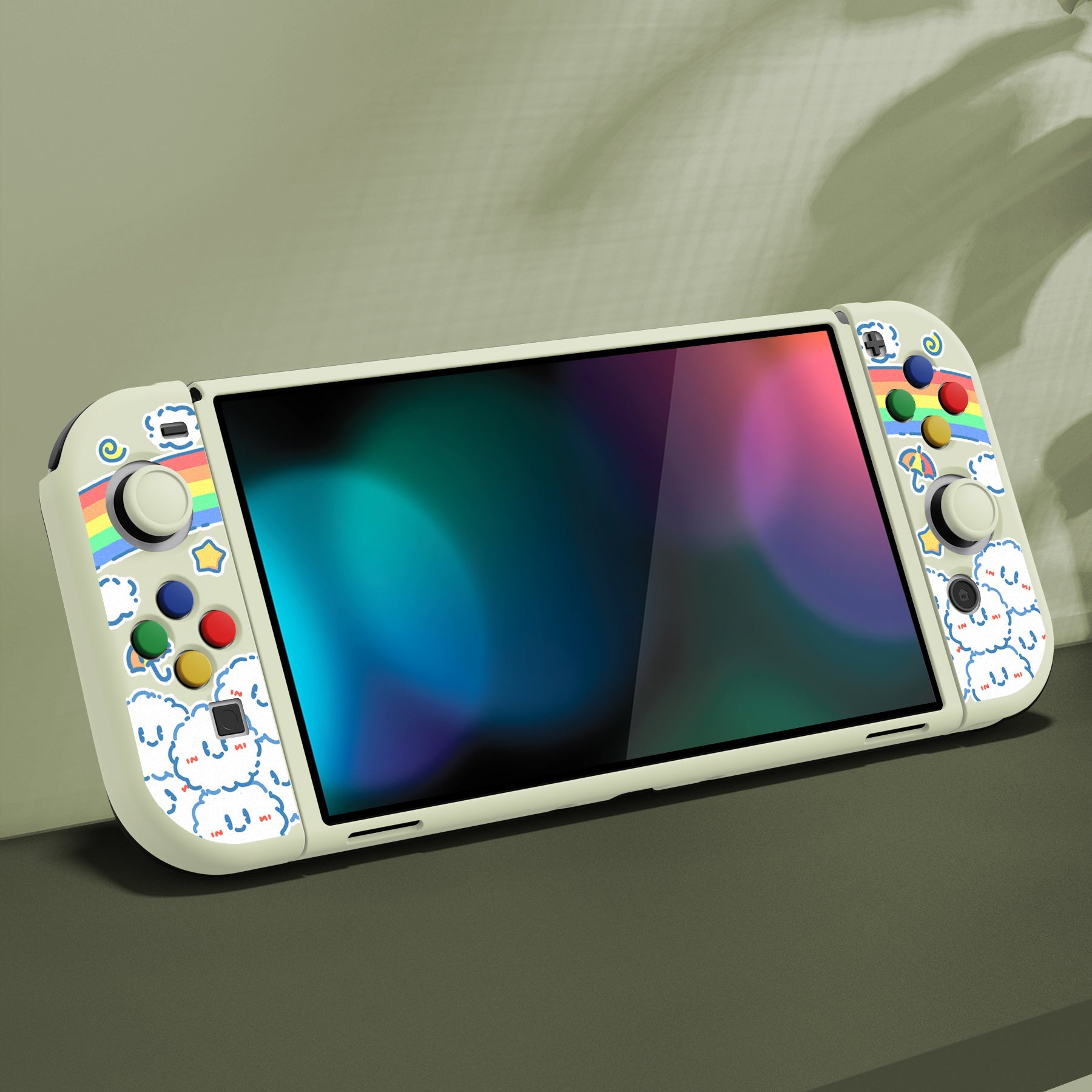 PlayVital ZealProtect Soft Protective Case for Switch OLED, Flexible Protector Joycon Grip Cover for Switch OLED with Thumb Grip Caps & ABXY Direction Button Caps - Rainbow on Cloud - XSOYV6016 playvital