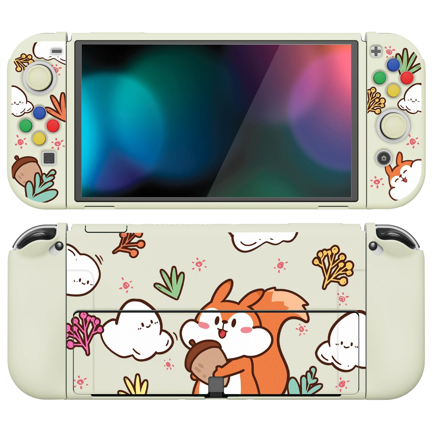 PlayVital ZealProtect Soft Protective Case for Switch OLED, Flexible Protector Joycon Grip Cover for Switch OLED with Thumb Grip Caps & ABXY Direction Button Caps - Fluffy Squirrel with Acorn - XSOYV6017 playvital