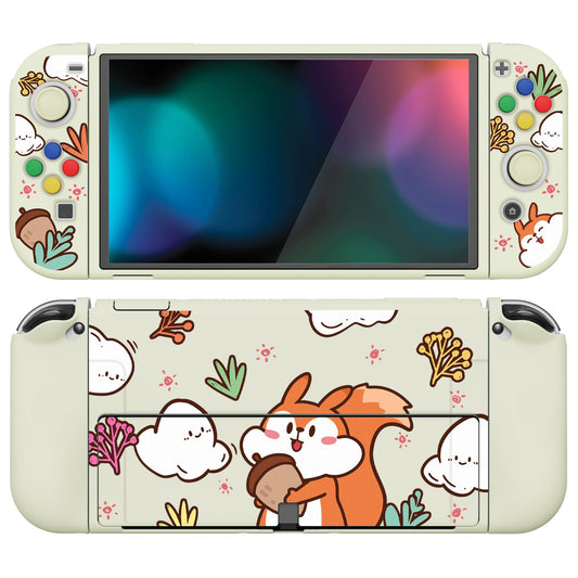 PlayVital ZealProtect Soft Protective Case for Switch OLED, Flexible Protector Joycon Grip Cover for Switch OLED with Thumb Grip Caps & ABXY Direction Button Caps - Fluffy Squirrel with Acorn - XSOYV6017 playvital