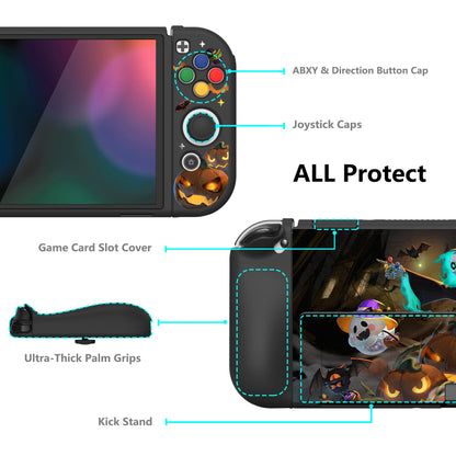 PlayVital ZealProtect Soft Protective Case for Switch OLED, Flexible Protector Joycon Grip Cover for Switch OLED with Thumb Grip Caps & ABXY Direction Button Caps - Halloween Candy Night - XSOYV6020 playvital