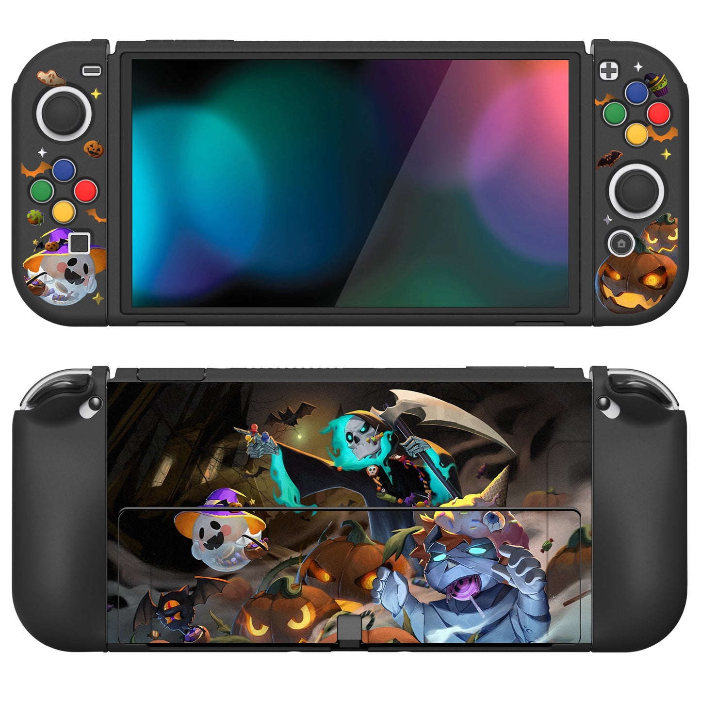 PlayVital ZealProtect Soft Protective Case for Switch OLED, Flexible Protector Joycon Grip Cover for Switch OLED with Thumb Grip Caps & ABXY Direction Button Caps - Halloween Candy Night - XSOYV6020 playvital