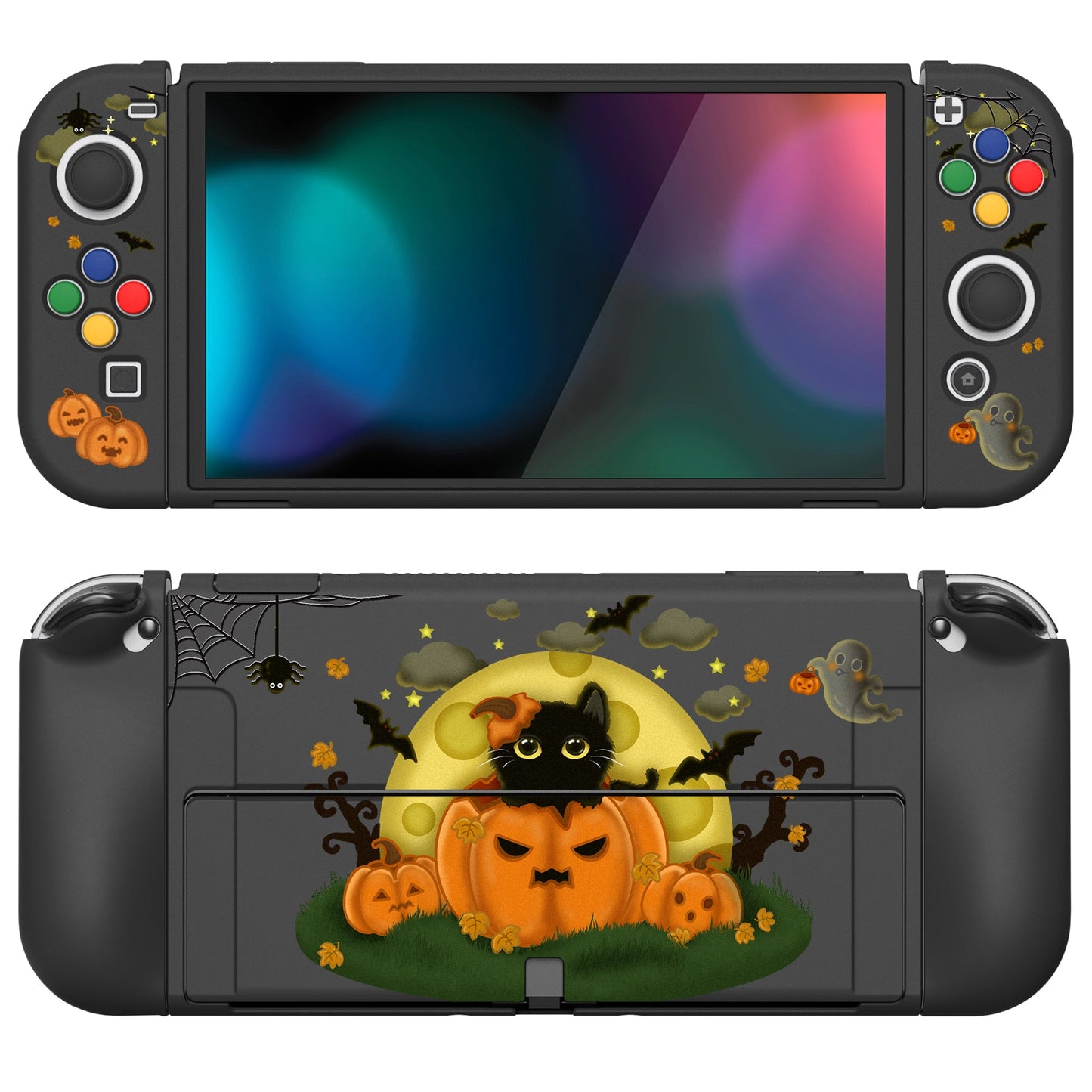 PlayVital ZealProtect Soft Protective Case for Switch OLED, Flexible Protector Joycon Grip Cover for Switch OLED with Thumb Grip Caps & ABXY Direction Button Caps - Moon Night Halloween - XSOYV6022 playvital