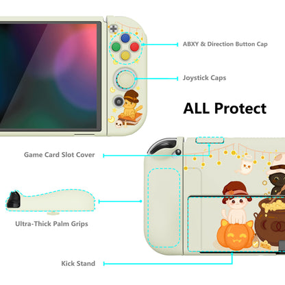 PlayVital ZealProtect Soft Protective Case for Switch OLED, Flexible Protector Joycon Grip Cover for Switch OLED with Thumb Grip Caps & ABXY Direction Button Caps - Triplets Pumpkin Cats - XSOYV6023 playvital