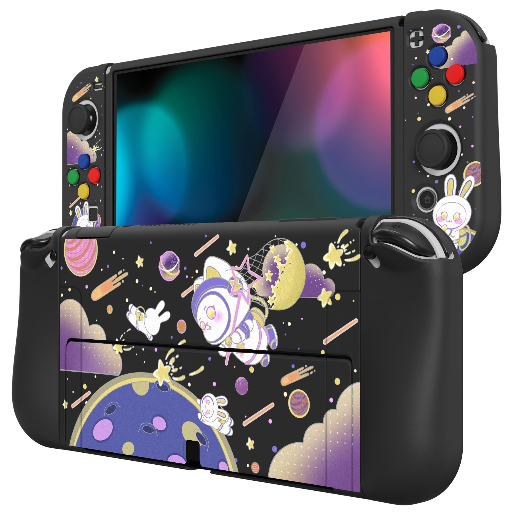 PlayVital ZealProtect Soft Protective Case for Switch OLED, Flexible Protector Joycon Grip Cover for Switch OLED with Thumb Grip Caps & ABXY Direction Button Caps - Space Cat Adventure -XSOYV6024 playvital