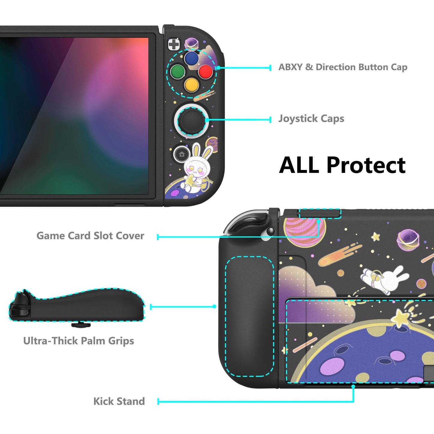 PlayVital ZealProtect Soft Protective Case for Switch OLED, Flexible Protector Joycon Grip Cover for Switch OLED with Thumb Grip Caps & ABXY Direction Button Caps - Space Cat Adventure -XSOYV6024 playvital