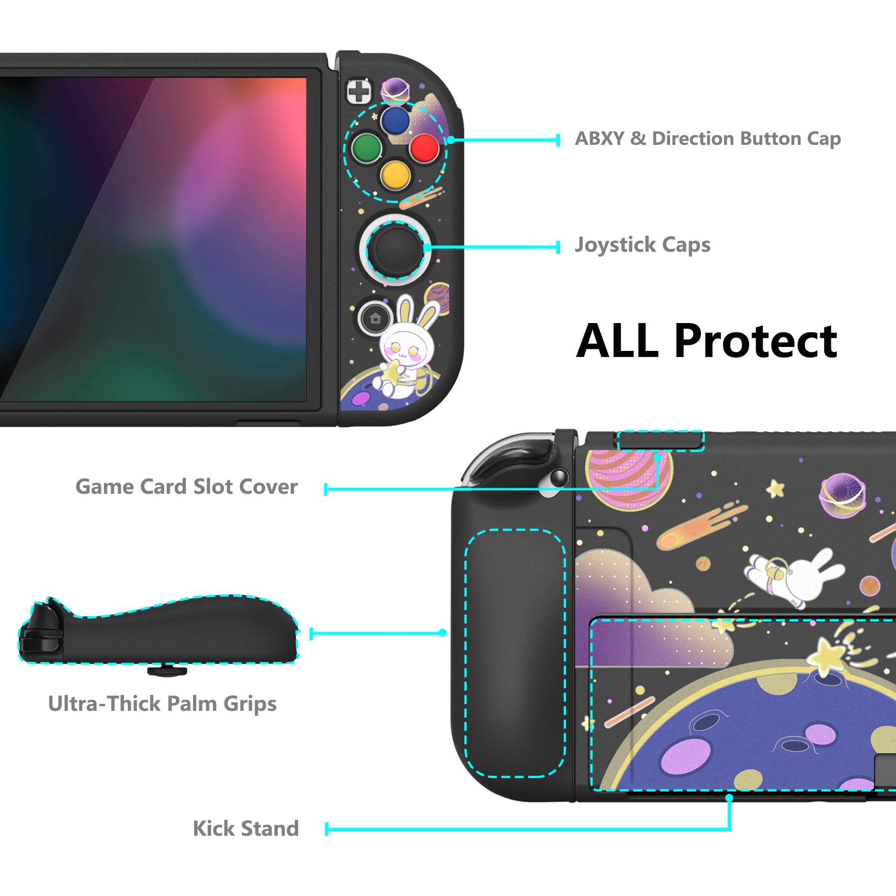 PlayVital ZealProtect Soft Protective Case for Switch OLED, Flexible Protector Joycon Grip Cover for Switch OLED with Thumb Grip Caps & ABXY Direction Button Caps - Space Cat Adventure -XSOYV6024 playvital