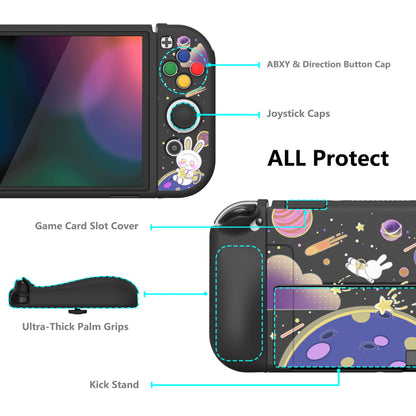 PlayVital ZealProtect Soft Protective Case for Switch OLED, Flexible Protector Joycon Grip Cover for Switch OLED with Thumb Grip Caps & ABXY Direction Button Caps - Space Cat Adventure -XSOYV6024 playvital