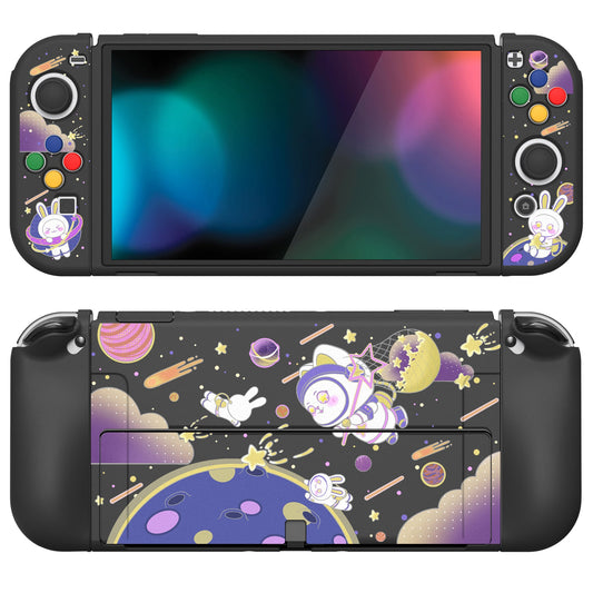 PlayVital ZealProtect Soft Protective Case for Switch OLED, Flexible Protector Joycon Grip Cover for Switch OLED with Thumb Grip Caps & ABXY Direction Button Caps - Space Cat Adventure -XSOYV6024 playvital