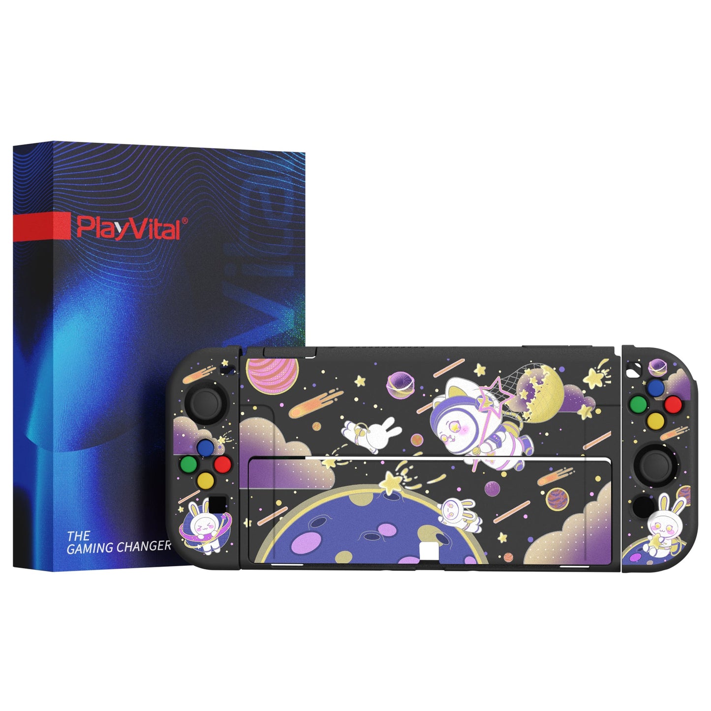 PlayVital ZealProtect Soft Protective Case for Switch OLED, Flexible Protector Joycon Grip Cover for Switch OLED with Thumb Grip Caps & ABXY Direction Button Caps - Space Cat Adventure -XSOYV6024 playvital