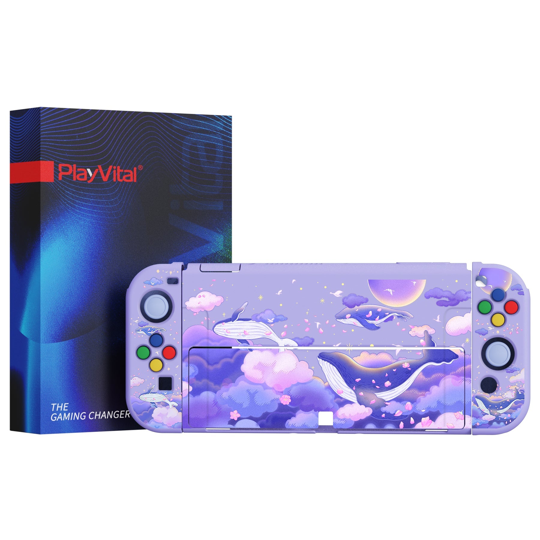 PlayVital ZealProtect Soft Protective Case for Switch OLED, Flexible Protector Joycon Grip Cover for Switch OLED with Thumb Grip Caps & ABXY Direction Button Caps - Whale in Dream - XSOYV6025 playvital