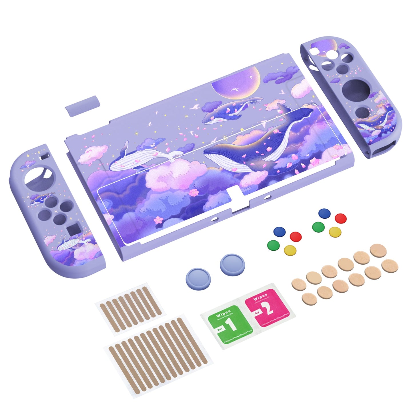 PlayVital ZealProtect Soft Protective Case for Switch OLED, Flexible Protector Joycon Grip Cover for Switch OLED with Thumb Grip Caps & ABXY Direction Button Caps - Whale in Dream - XSOYV6025 playvital