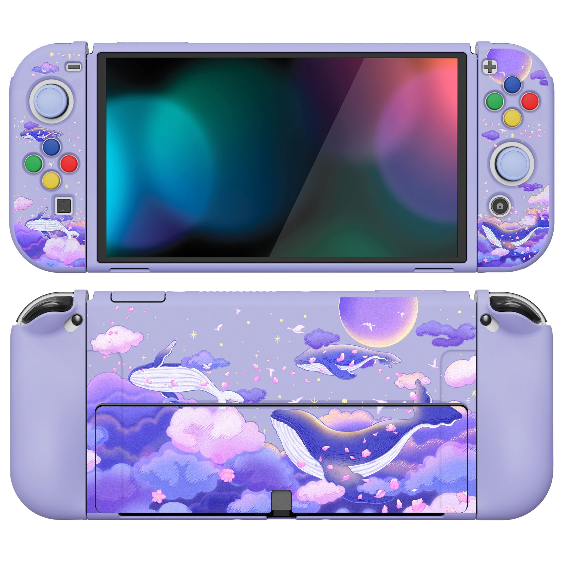 PlayVital ZealProtect Soft Protective Case for Switch OLED, Flexible Protector Joycon Grip Cover for Switch OLED with Thumb Grip Caps & ABXY Direction Button Caps - Whale in Dream - XSOYV6025 playvital