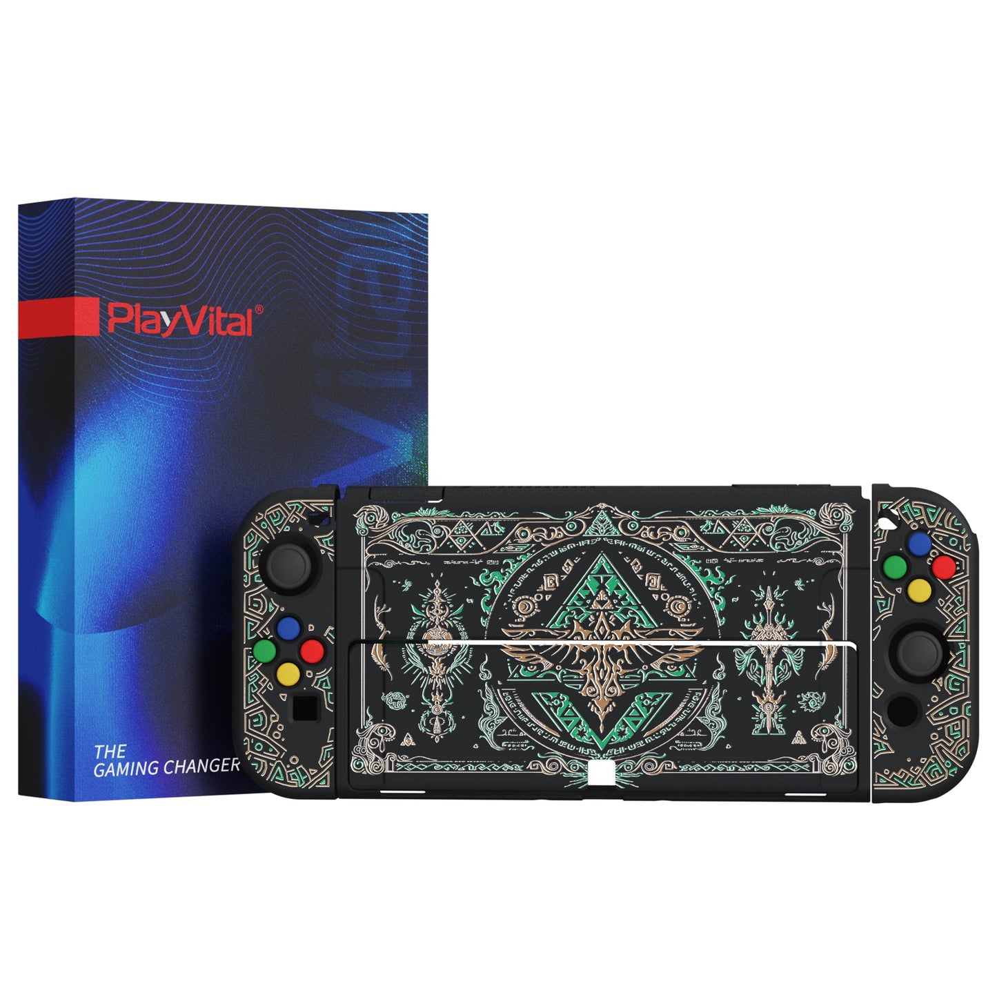 PlayVital ZealProtect Soft Protective Case for Switch OLED, Flexible Protector Joycon Grip Cover for Switch OLED with Thumb Grip Caps & ABXY Direction Button Caps - Totem of Kingdom - XSOYV6028 playvital