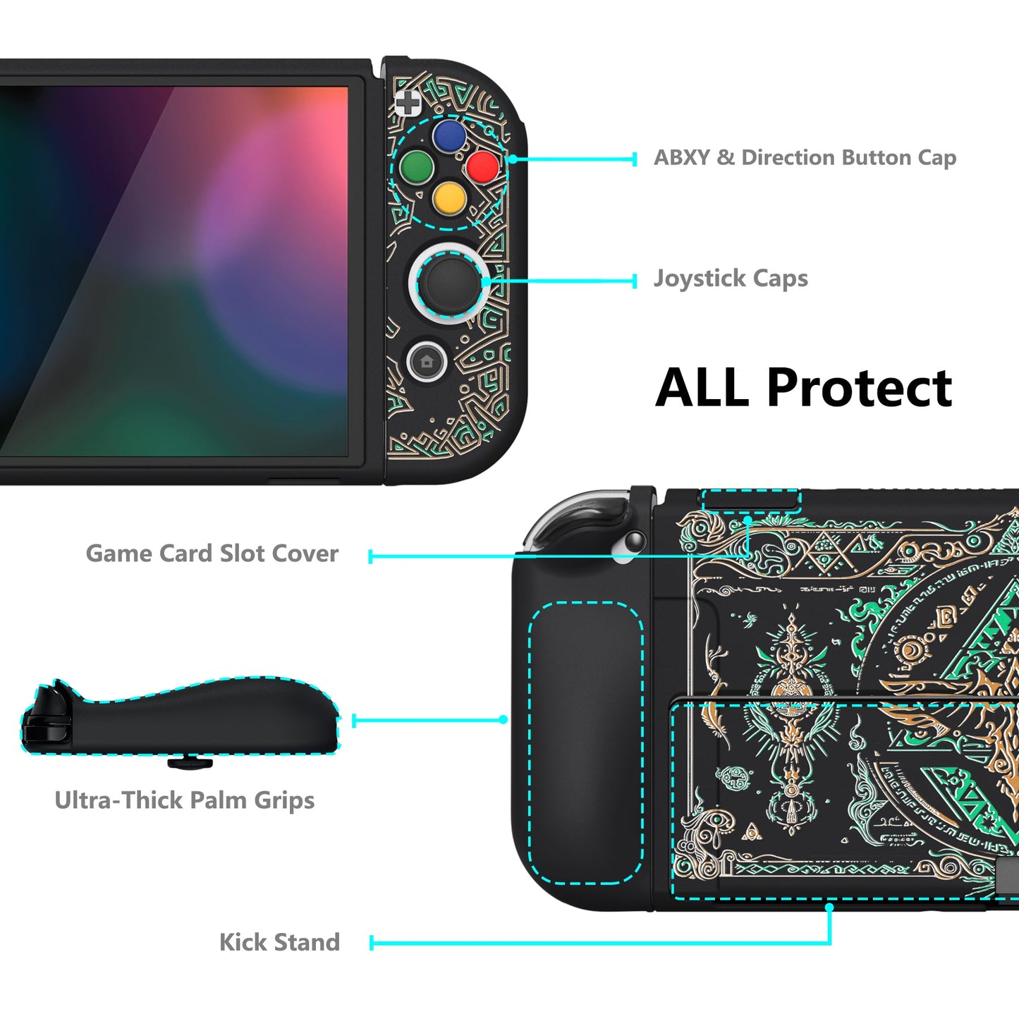 PlayVital ZealProtect Soft Protective Case for Switch OLED, Flexible Protector Joycon Grip Cover for Switch OLED with Thumb Grip Caps & ABXY Direction Button Caps - Totem of Kingdom - XSOYV6028 playvital